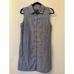 Tahari 100% Linen‎ Sleeveless Shirt Dress Size M with Pockets! Navy Blue EUC